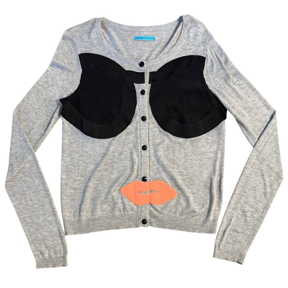 Alice + Olivia Stace Cardigan Sweater Sunglasses Lips Jewel Button Gray Large